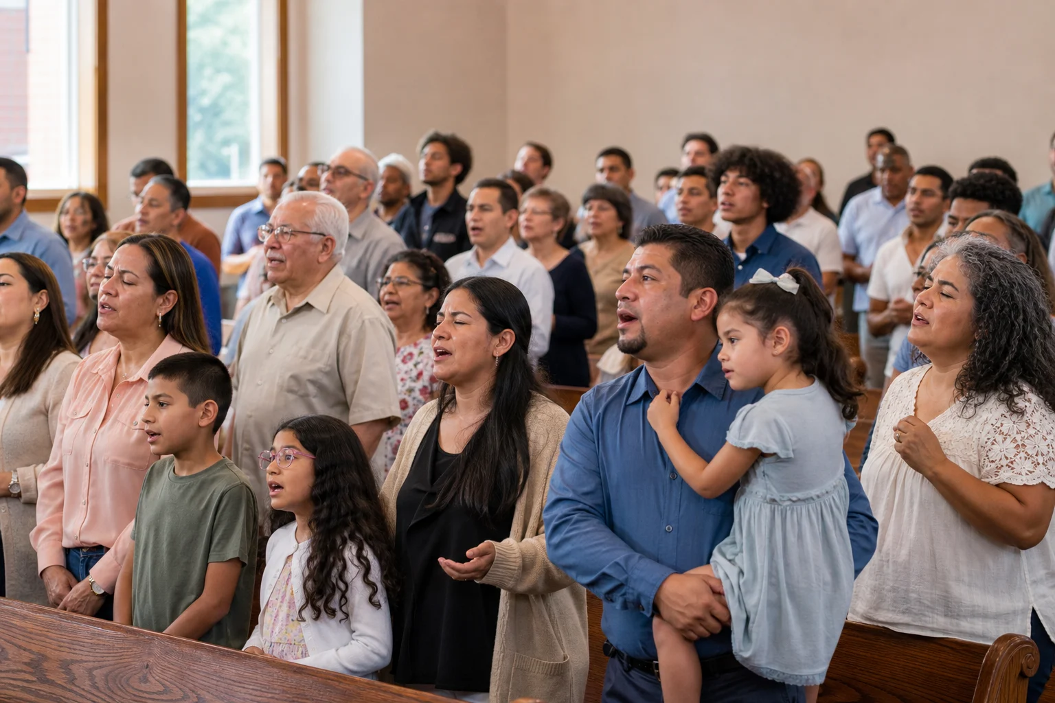 Familias y personas de distintas generaciones cantando juntas durante un servicio